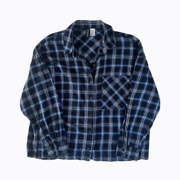Divided Plaid Oversized Boyfriend Shirt SzXS/S Blue Black Button-Down 90s Grunge - Picture 1 of 7